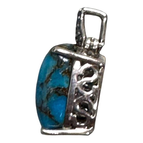 Turquoise & Sterling Silver 925 Small Petite Silver Rectangular Pendant W/ Bail - Picture 2 of 6